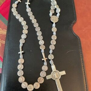 Saint Benedict silver tone rope rosary